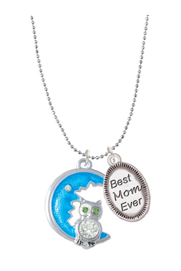 Silvertone Large Clear Crystal Owl on Hot Blue Moon Best Mom Ever Charm Necklace