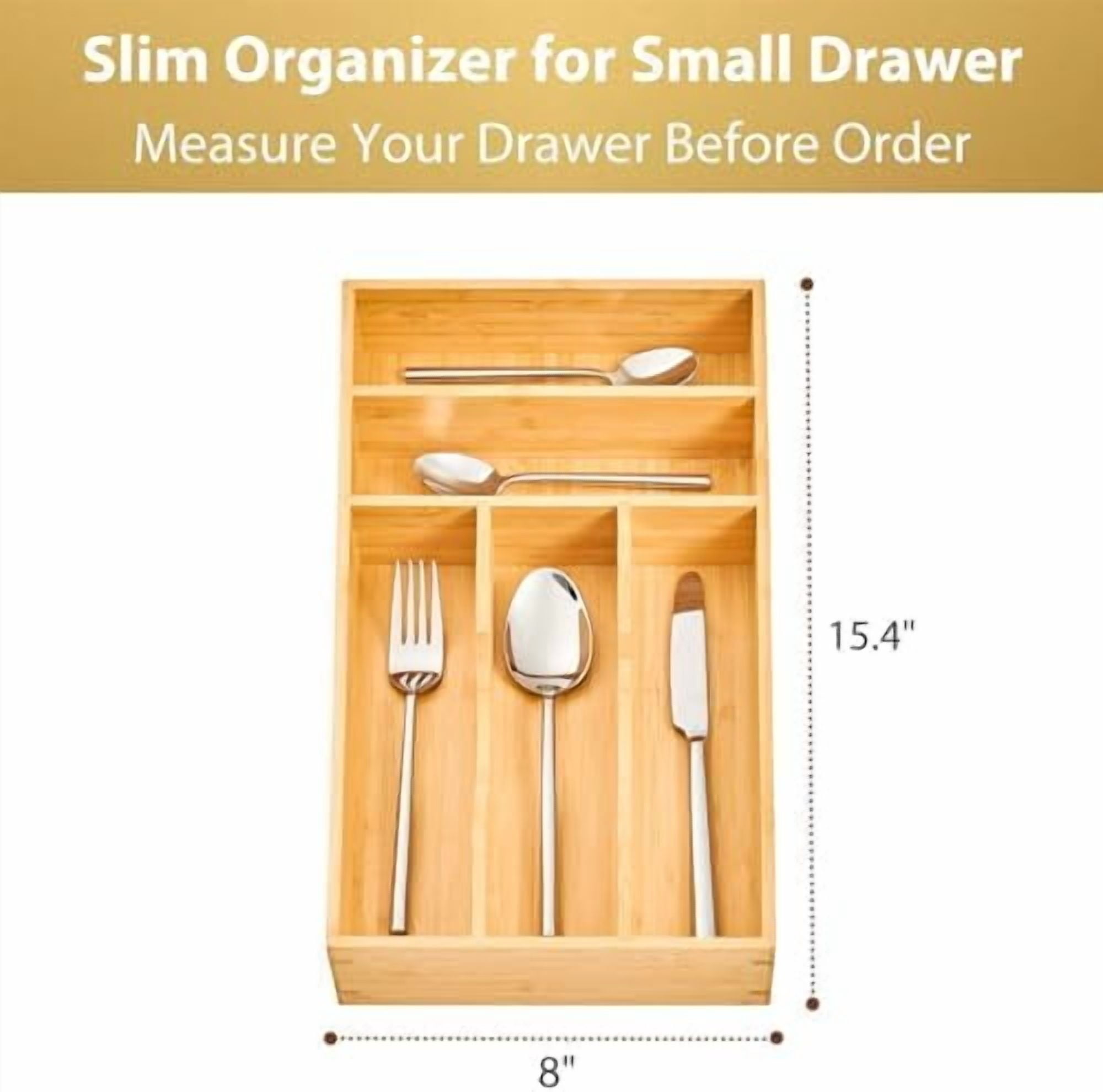 Bamboo Kitchen Drawer Organizer, 8 Inch Silverware Utensils Tray Holder for Small Drawer, Wood Caddy for Flatware Cutlery Knives
