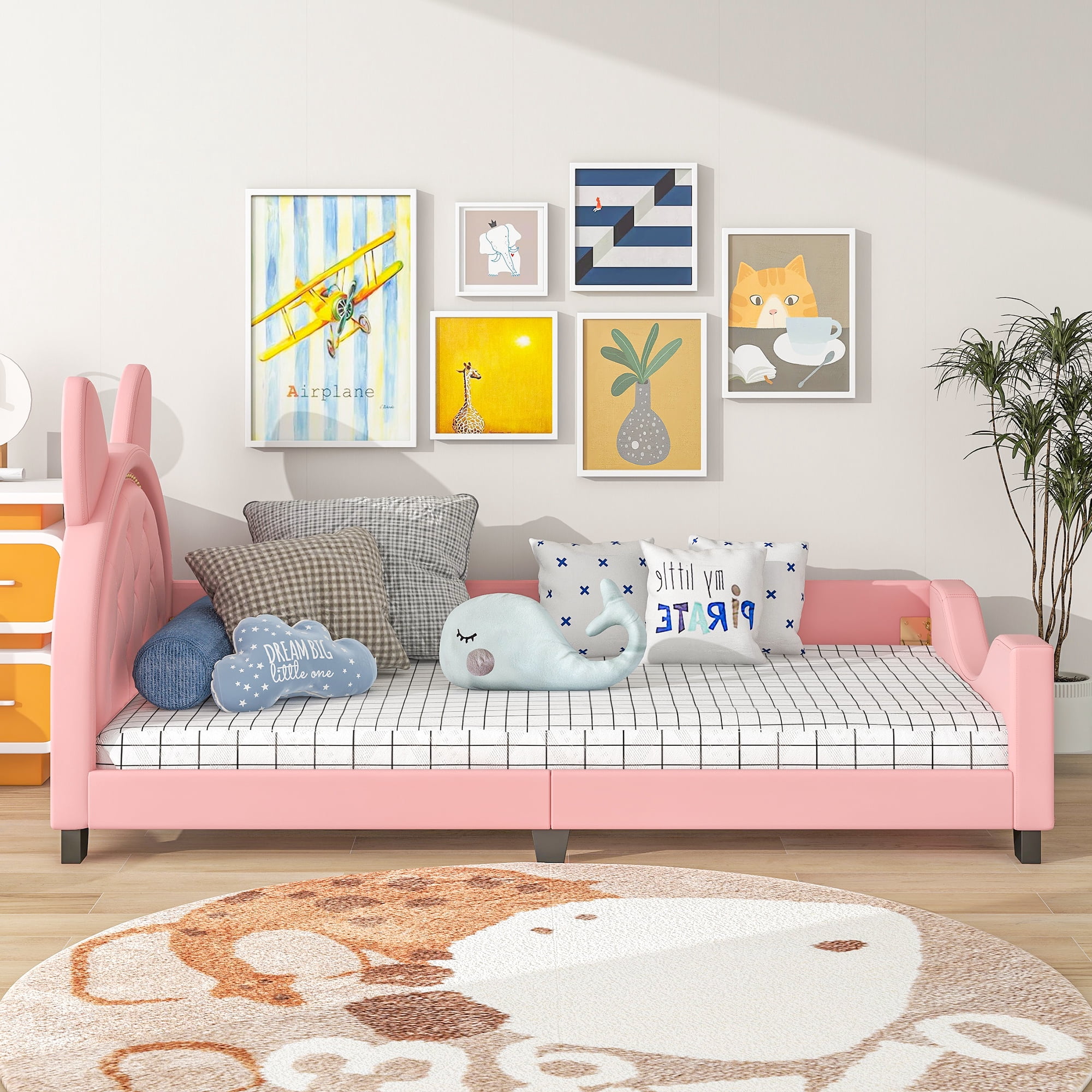 Euroco Bunny Shaped Twin Size Upholstered Daybed with Headboard for Kids Teens, Pink