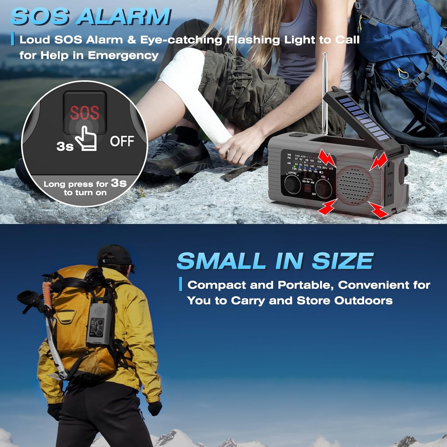 Emergency Radio, 4000mAh Solar Hand Crank Weather Radio for Hurricane Season, NOAA AM/FM Portable Radio with Phone Charger, LED Flashlight & Reading Lamp, SOS Alarm, Survival Gear for Home Power Outa