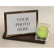 Tennis Ball and 5x7 Photo Personalized Horizontal Desktop Display Case - Cherry Finish Wood Base and Gold Frame