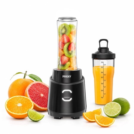 PRASKY Smoothies Blender, Blender for Kitchen with 2 To-go Cups (1x20oz,1x24oz), 6-Leaf Stainless Blade Personal Blender for Frozen Fruits & Ice (Black)