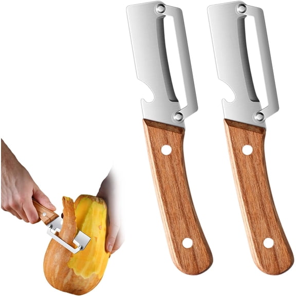 2-Pack Multi-Functional Vegetable Peeler for Kitchen, Stainless Steel Fruit Peeler with Wooden Handle and Bottle Opener, Effortless Peeling for Fruit & Vegetable
