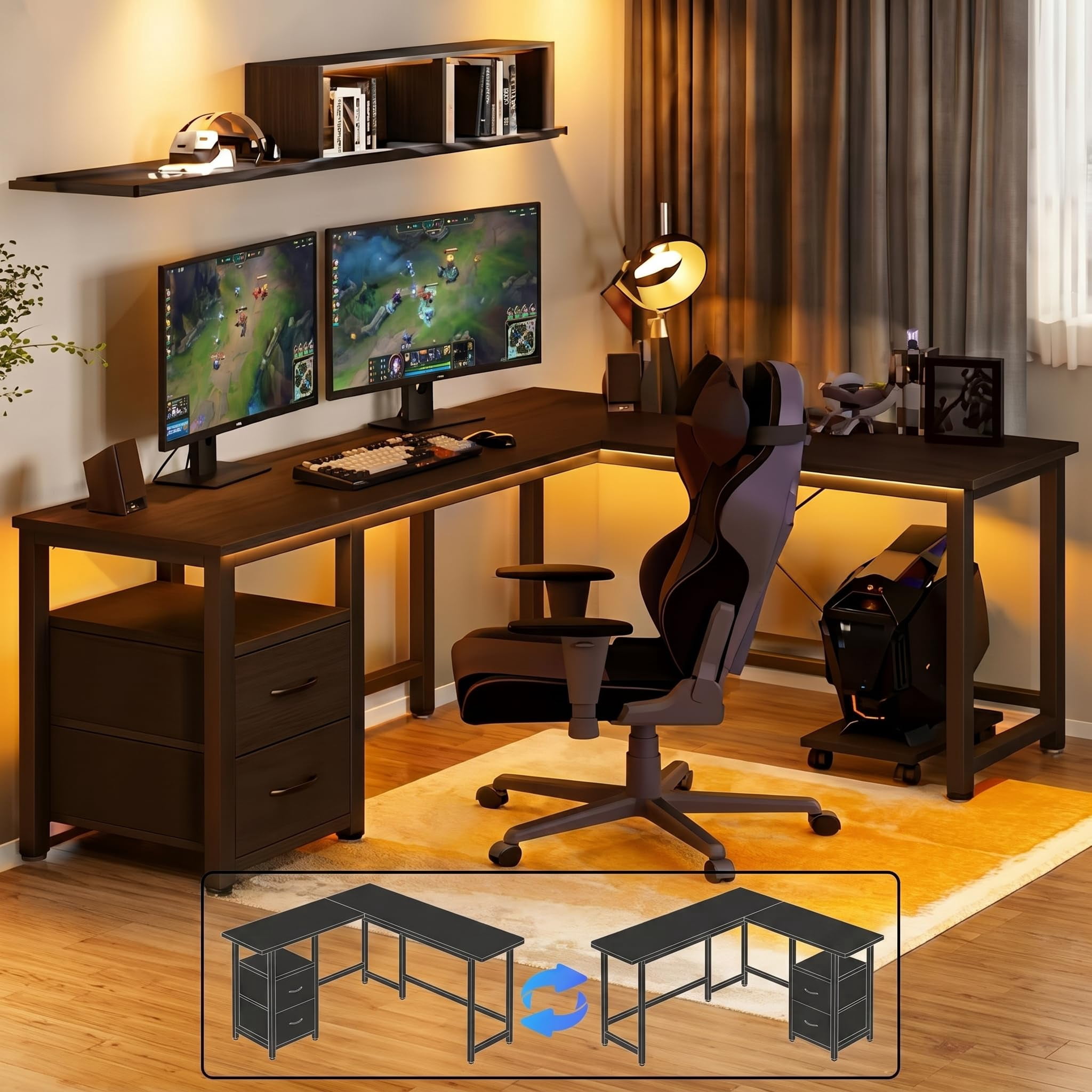 Home Office Desk, Lofka  66”Corner Desk with Power Outlets, Computer Desk with CPU Stand for Home Office Dorm, Sturdy, Black