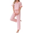 thumbnail image 2 of INSPIRE CHIC Womens Satin Pajamas Silky Short Sleeve V Neck Shirt with Long Pant Soft Loungewear Pjs Set S Pink, 2 of 6