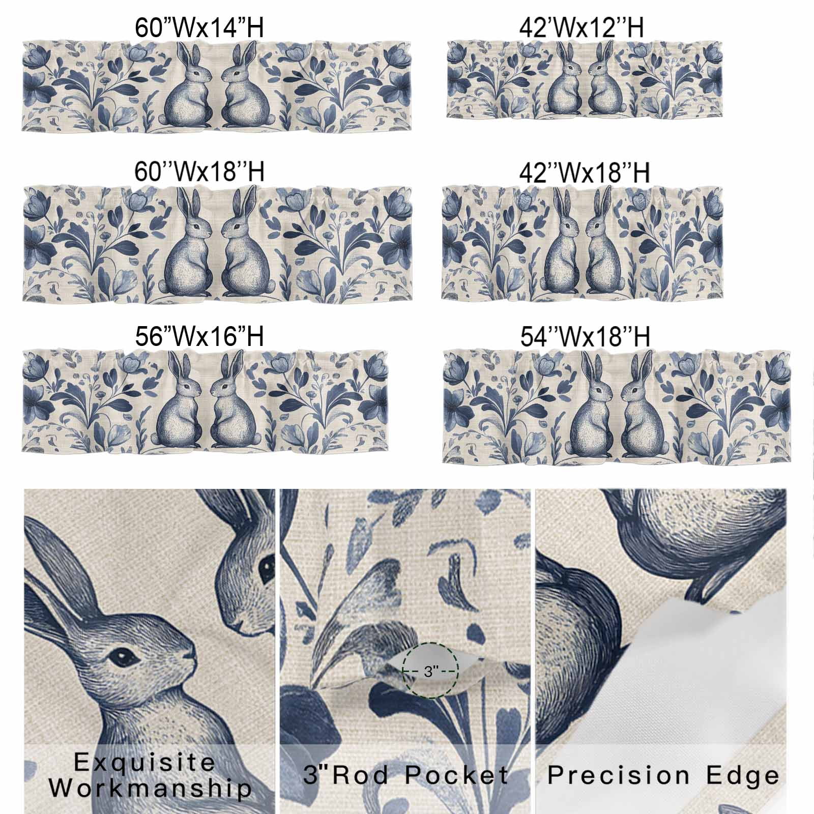 Easter Rabbits Valances for Windows, Cute Blue Bunny Watercolor Boho Floral Leaf Linen Texture Valance Window Treatment Rod Pocket Short Curtains Valances for Kitchen Bathroom 60"W x18"L