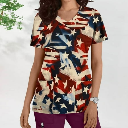 

RKSTN 4th of July Scrubs for Women Workwear Soft Stretch Easy Care V Neck Tops for Women Independence Day Print Womens Tops on Clearance