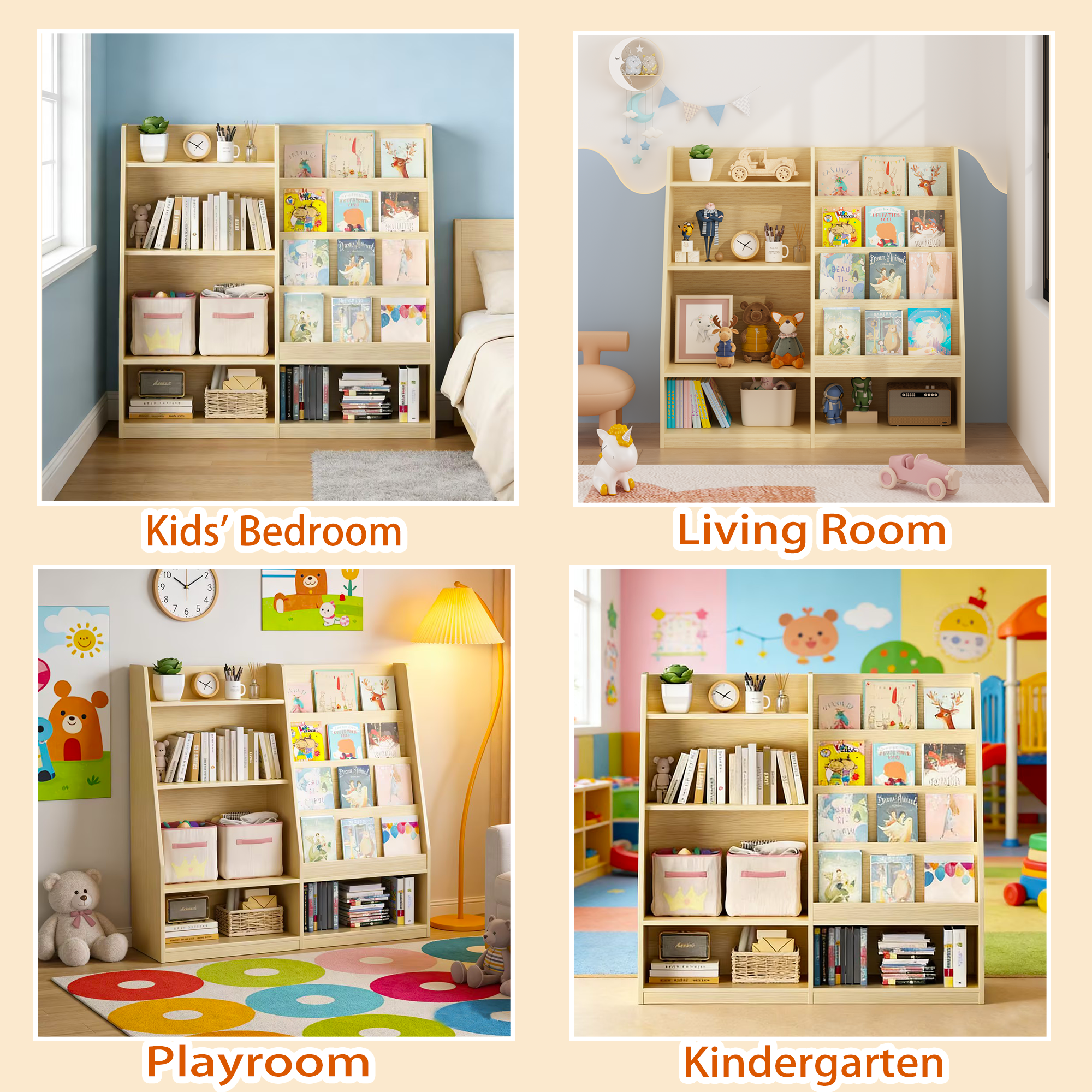 Kids Bookshelf and Toy Storage Organizer, Multifunctional 4 Tier Wooden Kids Book Shelf with Bookcase Display Stand in Kids Room Playroom Nursery for Kids, Children, Toddlers (Natural)