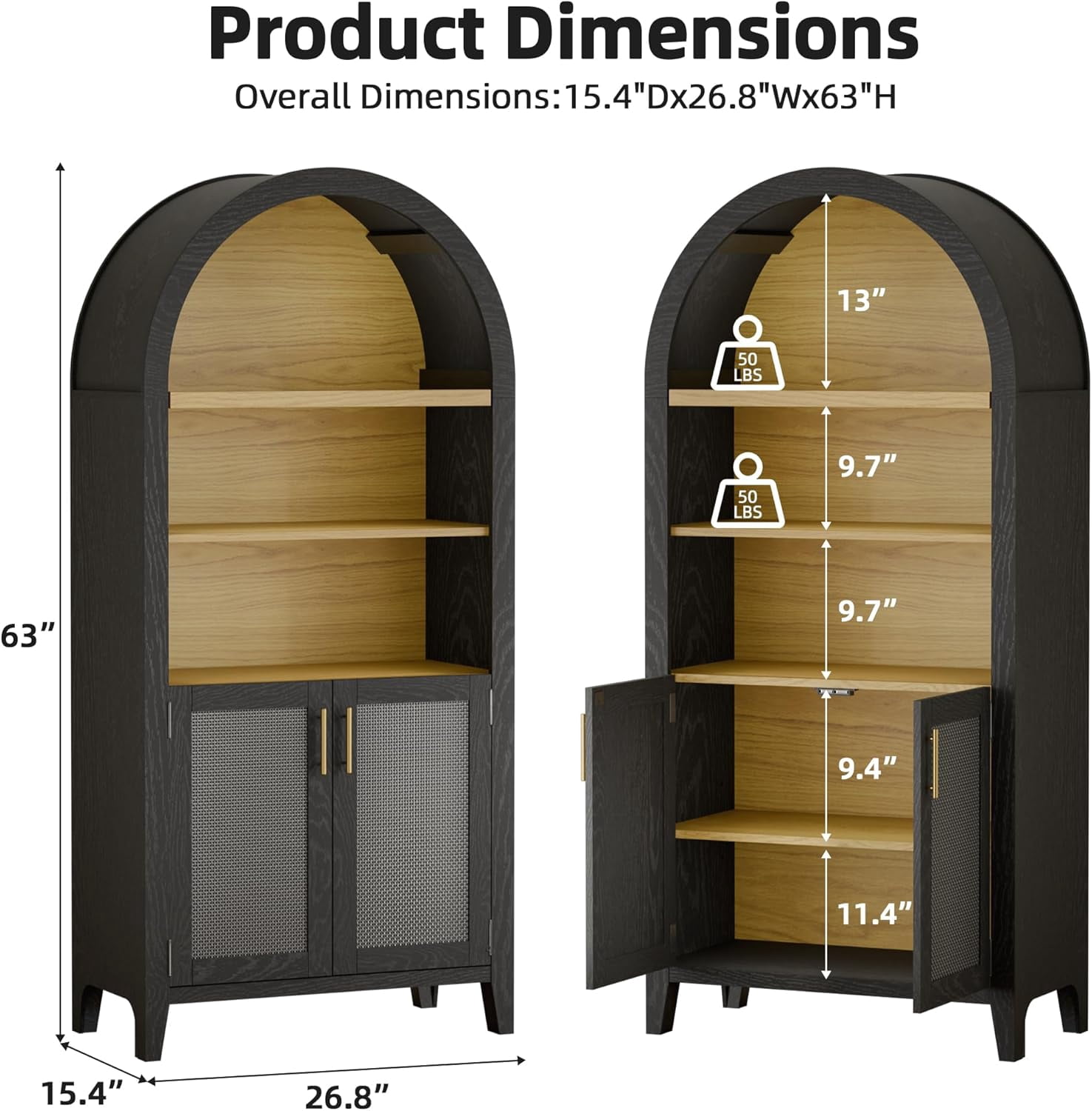 MAYEERTY Arched Storage Cabinet with Beech Wood Door, 5-Tier Arched Kitchen Pantry with Storage for Dining Room, Living Room, Kitchen, Office