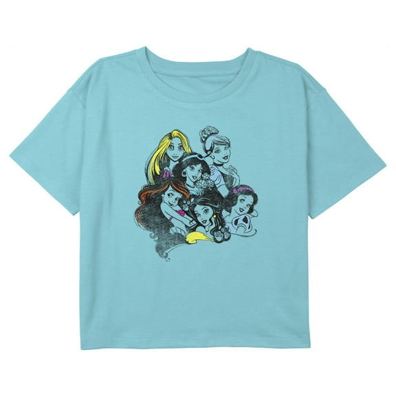 Girl's Disney Princesses Princesses Sketches Graphic Cropped T-Shirt Blue Small
