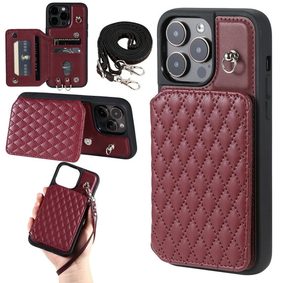 Case for iPhone 14 Pro 6.1", Detachable Crossbody Strap Wallet Case with Card Slots, Stand Ring Flip PU Leather Protective Cover Lanyard for Women for iPhone 14 Pro, Winered