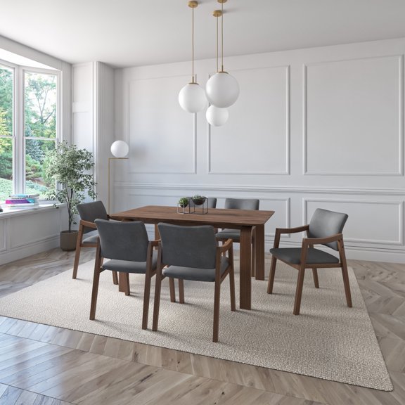 Midtown Concept Tampere 7-Piece Walnut Dining Set With Upholstered Chairs, Dark Grey