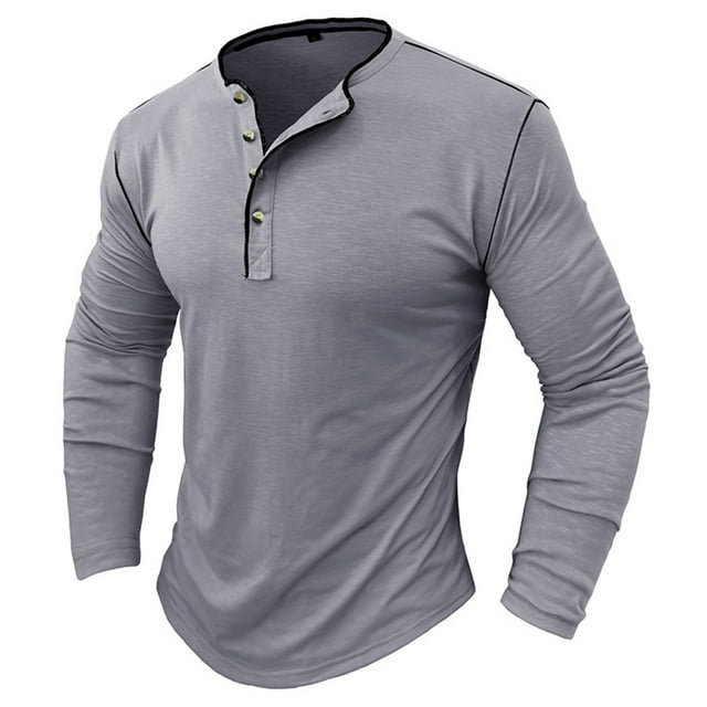 RKSTN Mens Long Sleeve T Shirts Beefy Muscle Basic Solid Pure Color Tee Shirt V Neck Blouse Tops with Buttons