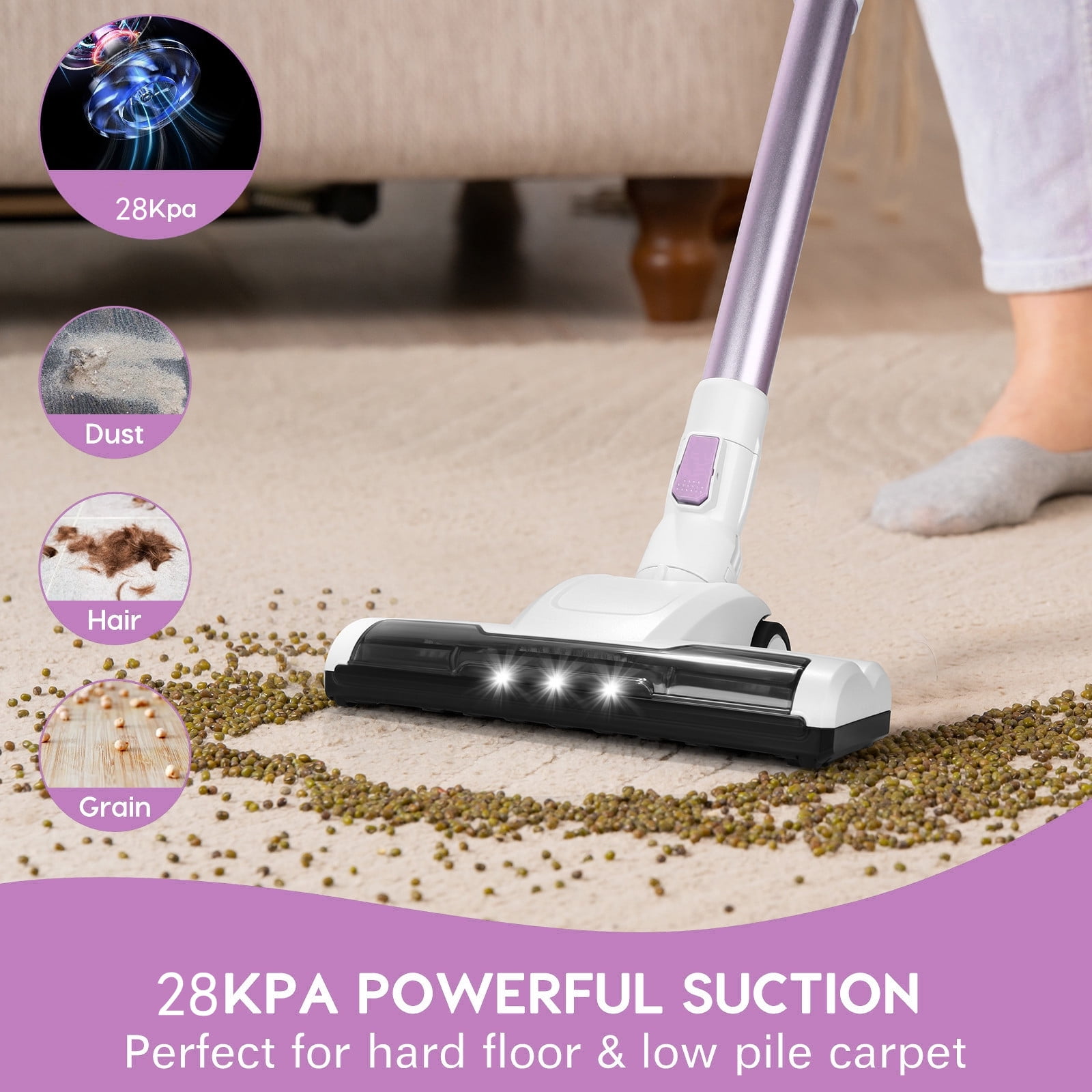 MOOSOO Stick Vacuum Cleaner, 30Kpa Powerful Suction Cordless Vacuum with Headlight Motorized Brush, Self-Standing for Hard Floor, Carpet Pet Hair, Pink