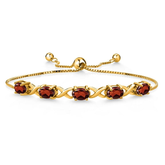 Gem Stone King 18K Yellow Gold Plated Silver Red Garnet Bracelet for Women (4.35 Cttw, Gemstone January Birthstone, Oval 7X5MM, Fully Adjustable up to 9 inches)