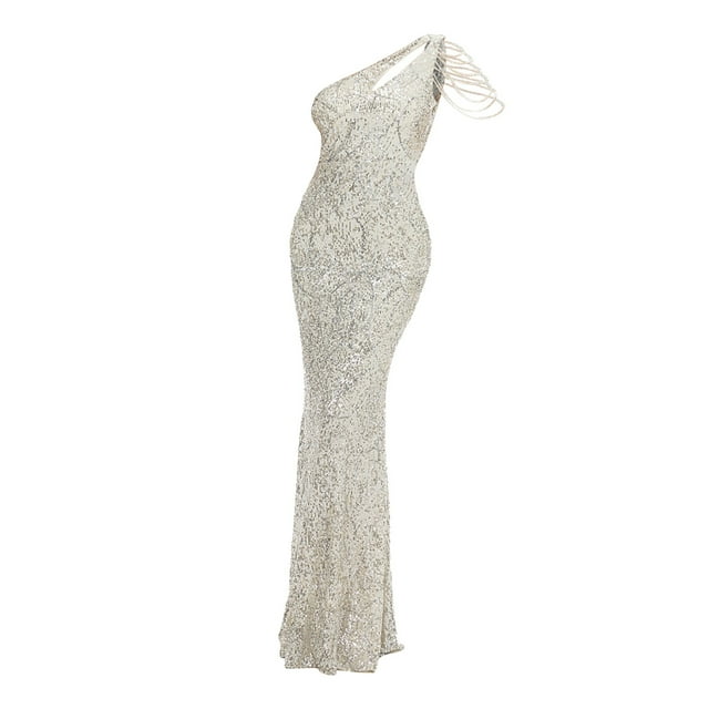 Gibobby Vestidos de fiesta elegantes Vestido de noche largo con lentejuelas de un hombro para mujer(Plata de plata,CH)