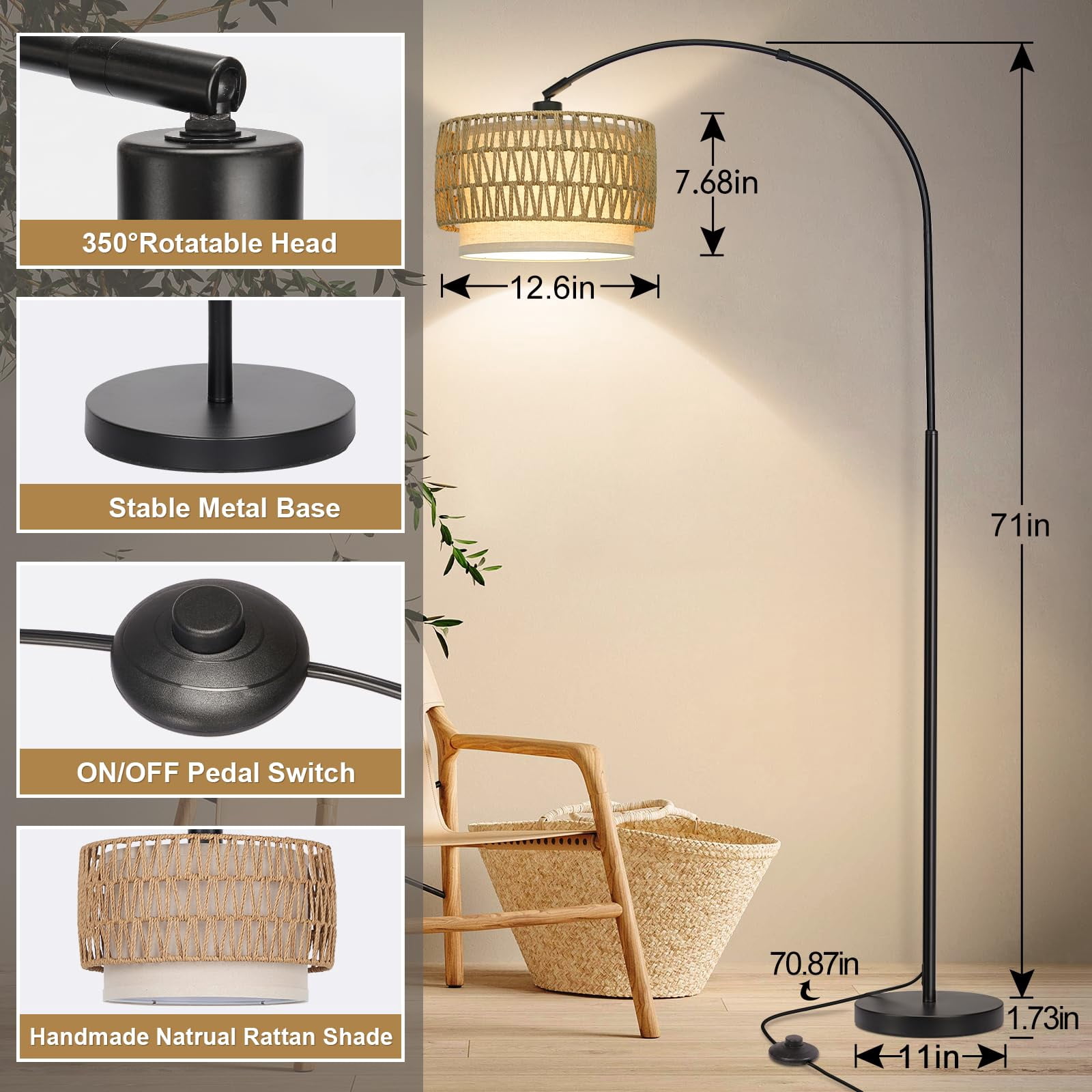 Rattan Floor Lamp  Arc Lamps For Living Room Farmhouse Standing With Adjustable Hanging Fabric Shade Tall Pole Foot Over Couch Arched Reading Light Bedroom Office