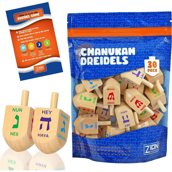 Hanukkah Natural Wood Dreidels Medium Sized Chanukah Dreidel Comes with Dreidel Game Guide in a Reusable Ziplock Bag Bulk Dreidelech for Kids and Adults Hanukkah Game By Zion Judaica - 30 Pack