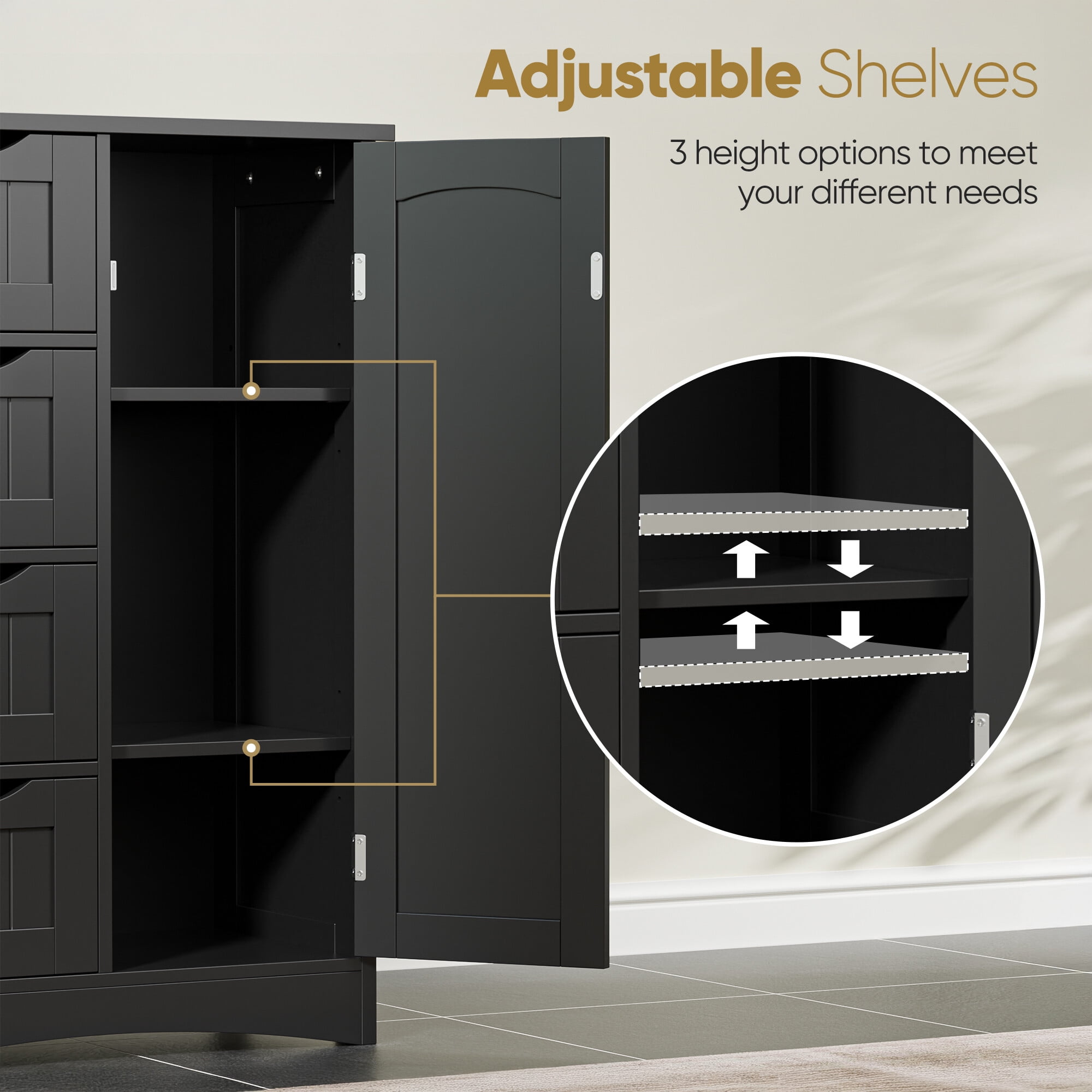 ZENY Bathroom Floor Cabinet, Freestanding Storage Cabinet with 4 Drawers and Adjustable Shelves, Modern Cupboard for Home Living Room Office, Black