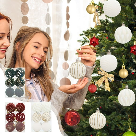 OEFNTAC Decorations 6cm Flocked Christmas Balls, Red/Green/White Tree Ornaments Set of 6 Christmas