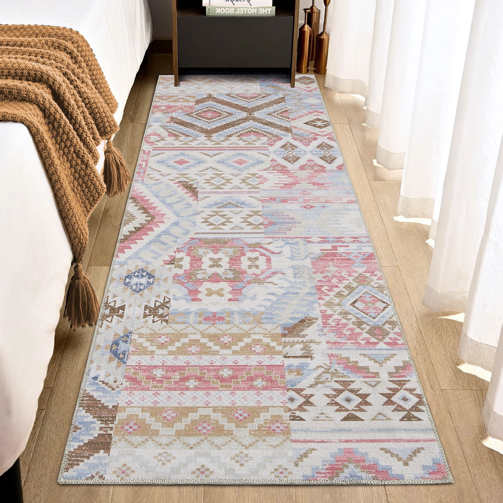 HOMERRY Runner Rug 2' x 6' Washable Vintage Bohemian Patterns Hallway Runner Entryway Carpet for Doorway Bedside, Pink