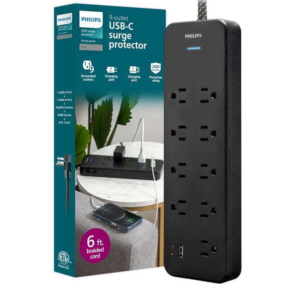 Protector contra sobretensiones Philips SPP3983B/37 de 9 salidas 2400J con USB