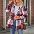 thumbnail image 3 of Abrigo a cuadros para mujer, chaqueta con botones y capucha, ajuste holgado, informal, a la moda, para otoño e invierno, rojo vino M, 3 of 6
