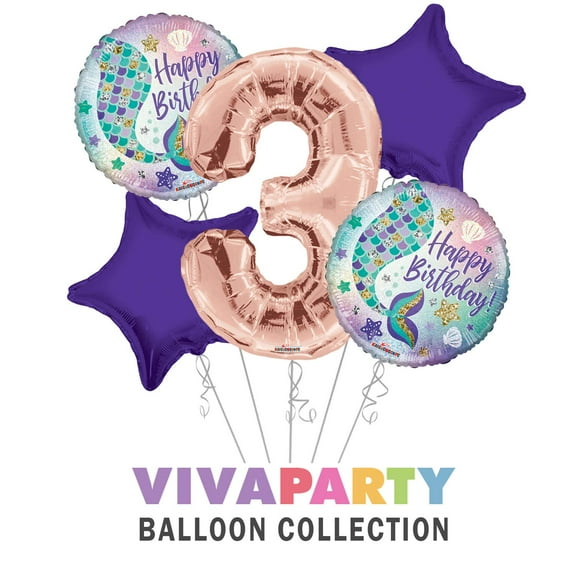 Happy Birthday Mermaid Round Balloon Bouquet 5 pc, 3rd Birthday, Rose Gold Number 3 Jumbo Balloon | Viva Party Balloon Collection