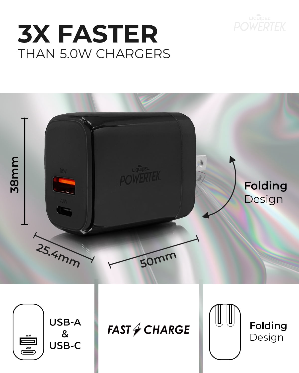 Liquipel Powertek 38W PD USB C 20W and USB A 18W Dual Port Wall Charger, Fast Charging Phone Wall Block Power Adapter Cube and Foldable Plug, Compatible with iPhone, iPad, iWatch, Galaxy, Android