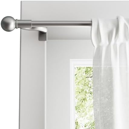 Adjustable Curtain Tension Rod with Decorative Round Finials, No Drill Small Window Rod, Easy Install Expandable Tension Curtain Rod for Windows, 28 to 48 Inch, Brushed Nickel