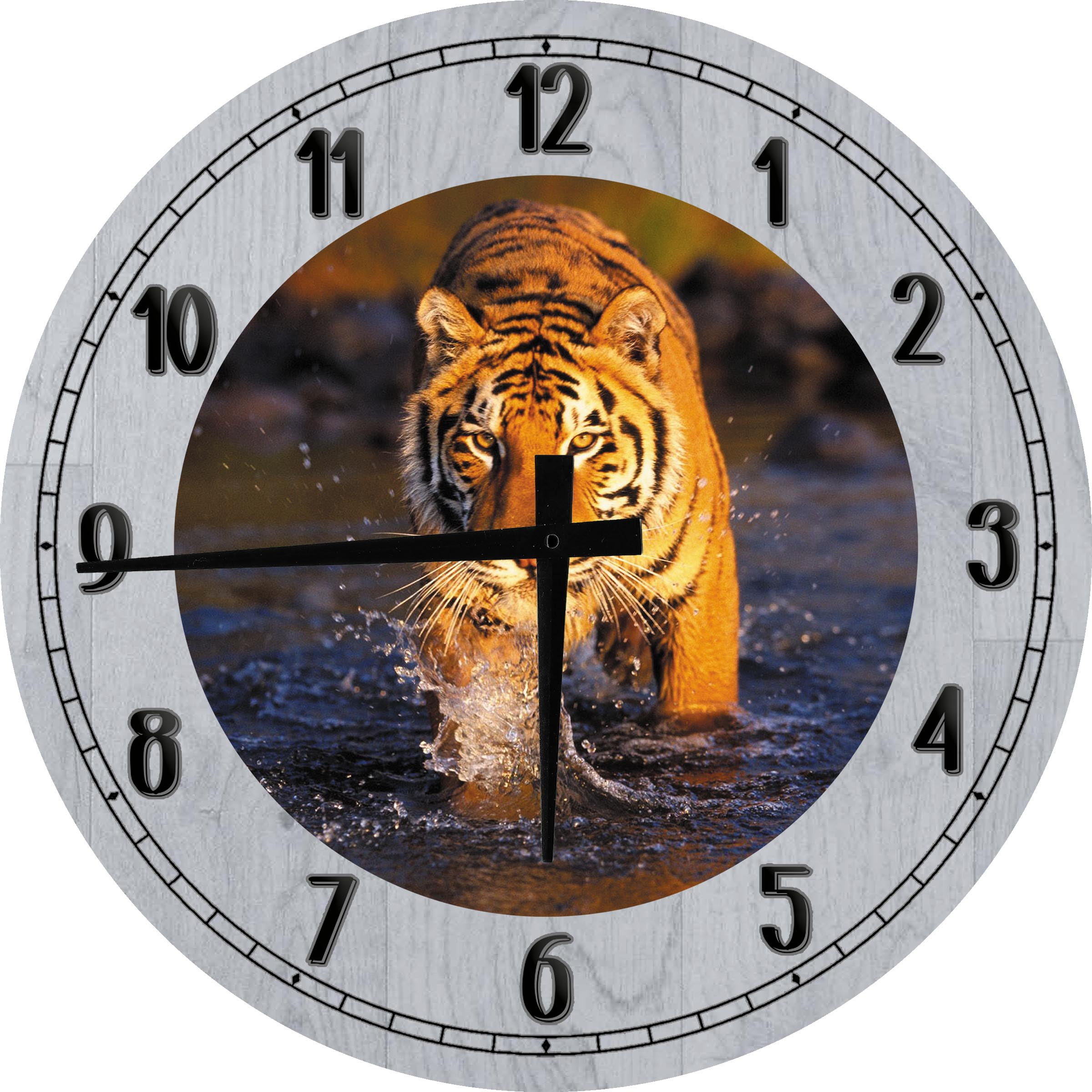 Wood Wall Clock 12 Inch Tiger Wall Art Striped Bengal Tiger in Stalking