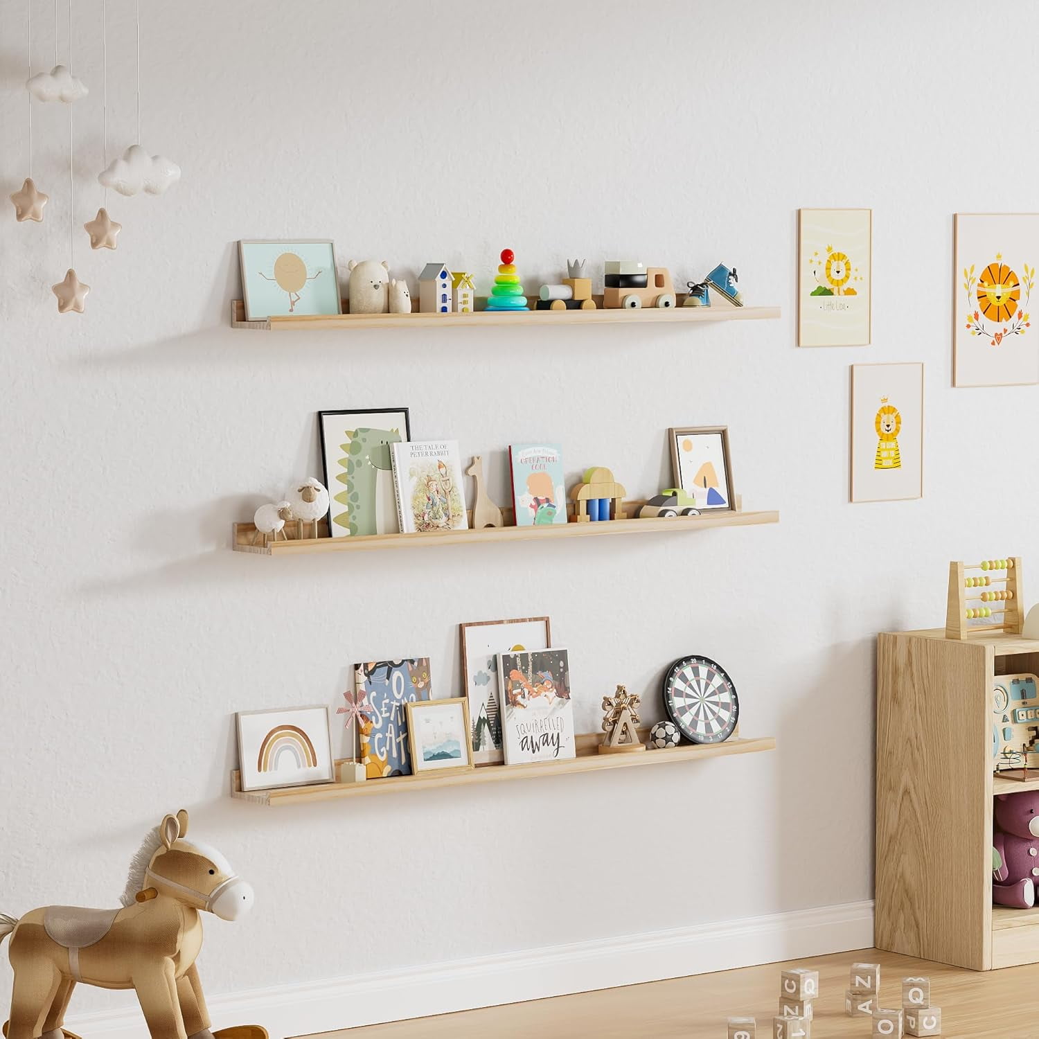 Long Floating Shelves for Wall, 48 inch Solid Wood Picture Ledge Shelf, Picture Shelf for Wall with Ledge, Floating Book Shelves for living room Bedroom Nursery Decor, Natural Unfinished, Set of 2
