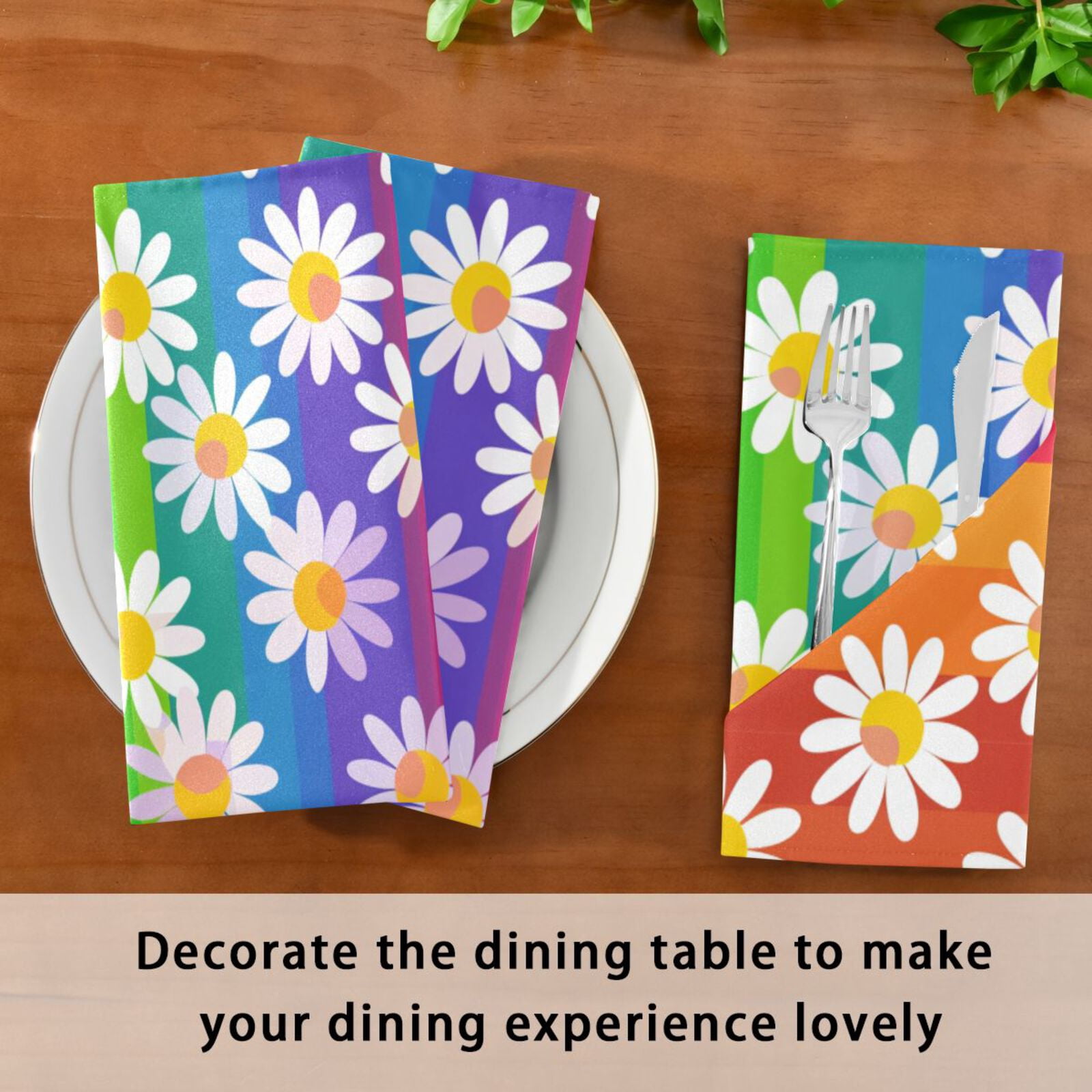 JSTEL Daisy Flower Rainbow Stripes Cloth Napkins Set of 6, 20x20 Inch Washable and Reusable Napkin for Decoupage Dinner Party Everyday Use