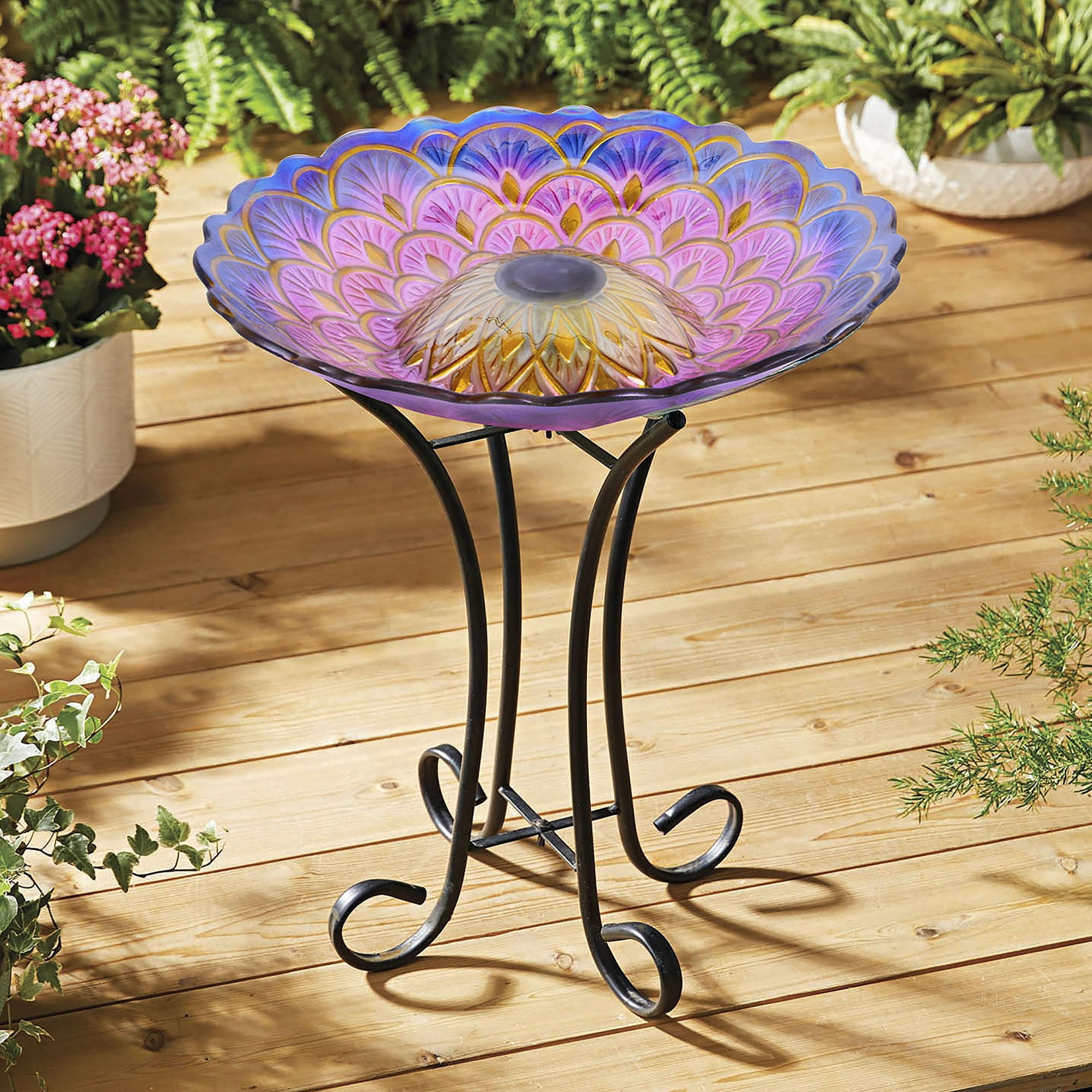 Hi-Line Gift 78415-H Solar Floral Glass Bird Bath with Stand