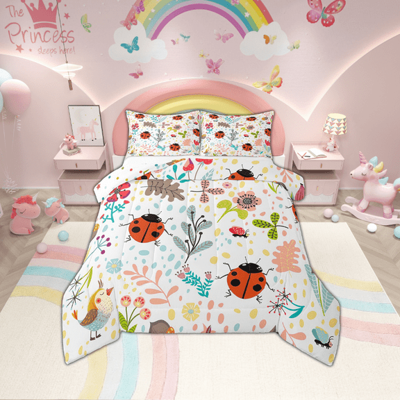 Cute Ladybug Twin Size Comforter Set Cartoon Red Ladybird Bedding Set Kawaii Room Decor Botanical Floral Insect Bedding Comforter Sets Nature Butterfly Bird Quilt Duvet