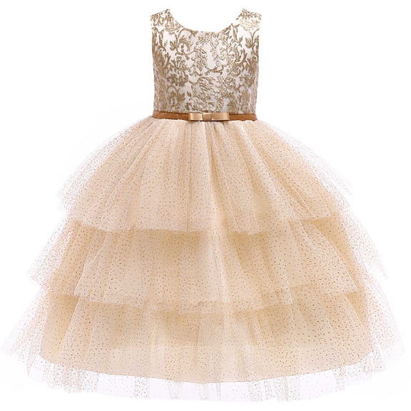 KONBECA Baby Girls Princess Dress, Little Girls Party Wedding Dresses, Evening Mesh Lace Dress Birthday Dress, Kids Pageant Flower Girl Sleeveless Dress, Birthday Gifts for Girls Gold (5-6 Years)