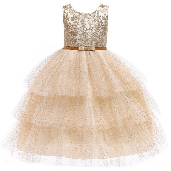 KONBECA Baby Girls Princess Dress, Little Girls Party Wedding Dresses, Evening Mesh Lace Dress Birthday Dress, Kids Pageant Flower Girl Sleeveless Dress, Birthday Gifts for Girls Gold (5-6 Years)
