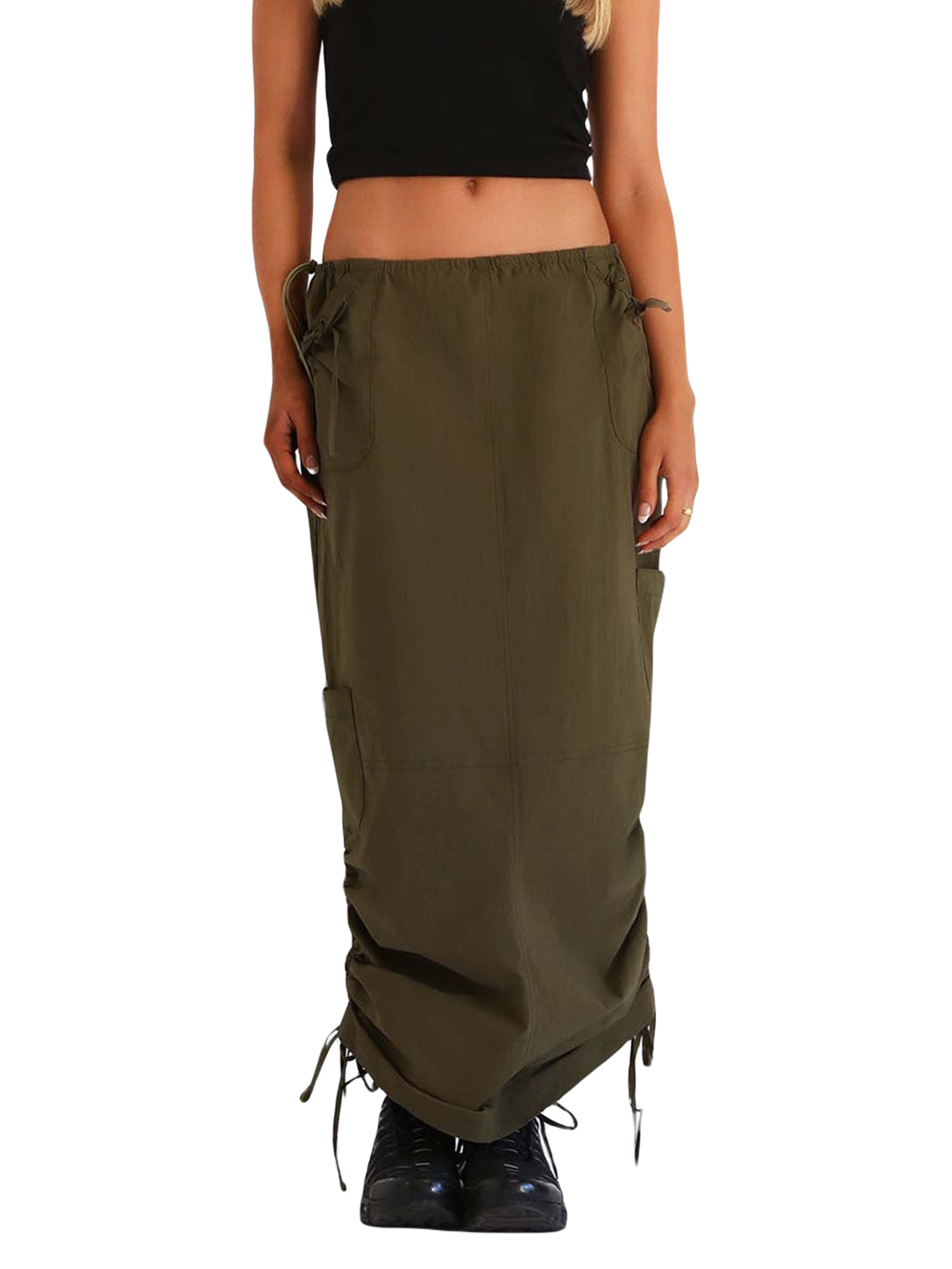 TheFound Long Cargo Skirts for Women Low Rise Drawstring Shirred Baggy