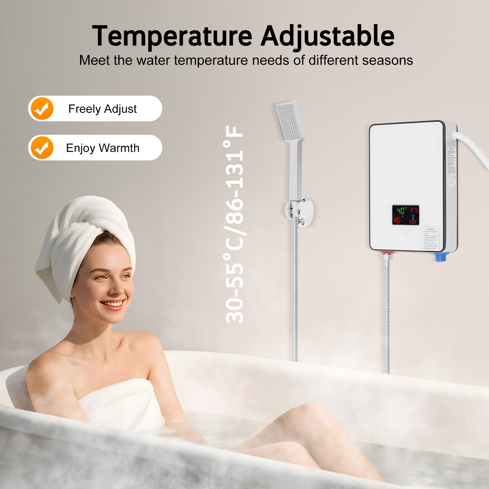 Miumaeov Electric Water Heater with Shower Kit Instant Water Heater Wall-mounted 4500W LED Display 30-55°C