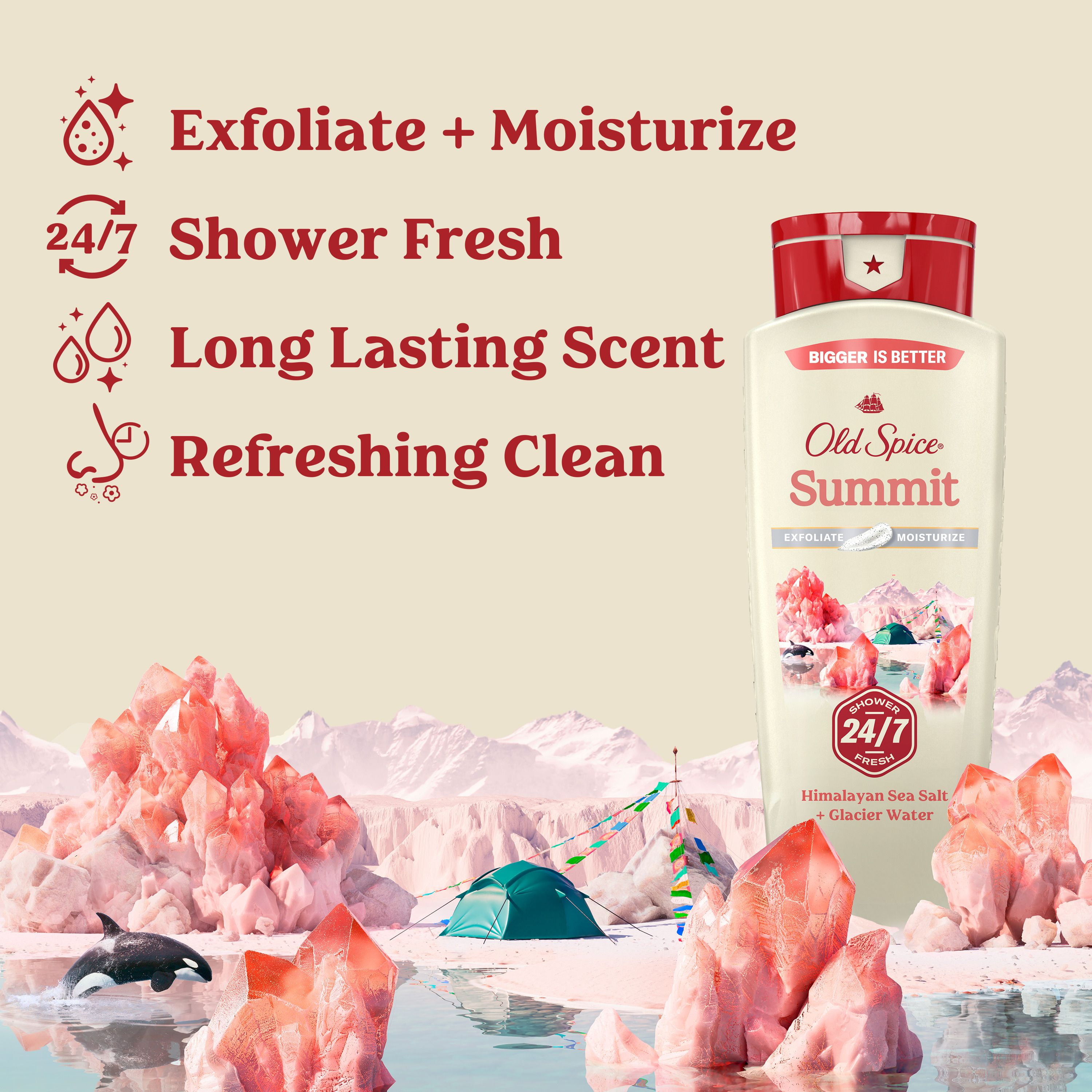Nettoyant pour le corps pour hommes Old Spice, parfum Summit, fraîcheur après-lavage 24 heures sur 24, 7 jours sur 7, exfoliation + hydratation 532ML