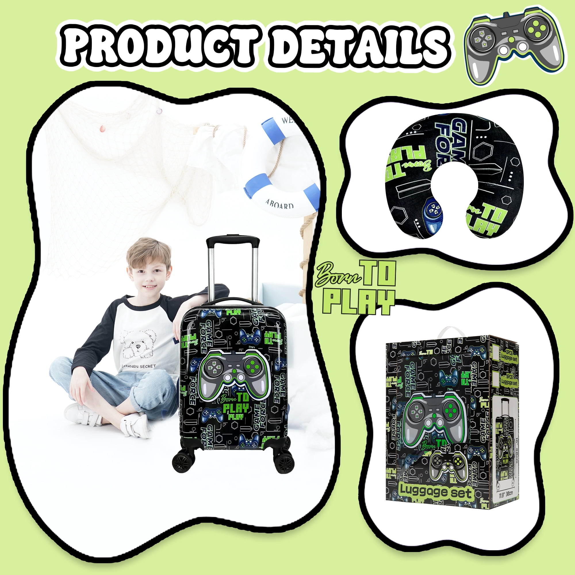 Kids Carry on Luggage Sets for Boys with Travel Pillow Rolling Suitcase with Wheels Hardshell Toddler Travel Essential Set of 5