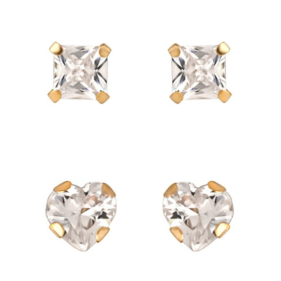 Brilliance Fine Girl’s / Tween 14K Yellow Gold CZ Square and Heart Stud Earring Set