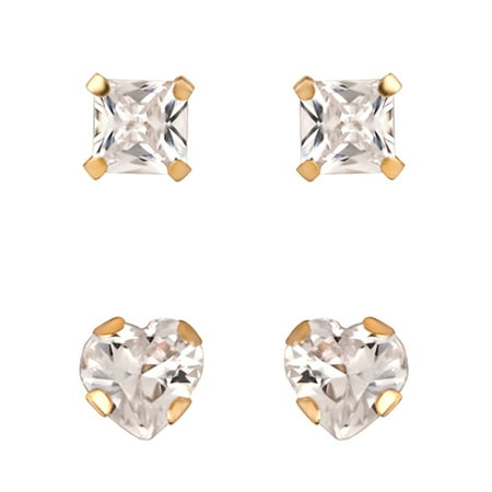 Brilliance Fine Girl’s / Tween 14K Yellow Gold CZ Square and Heart Stud Earring Set