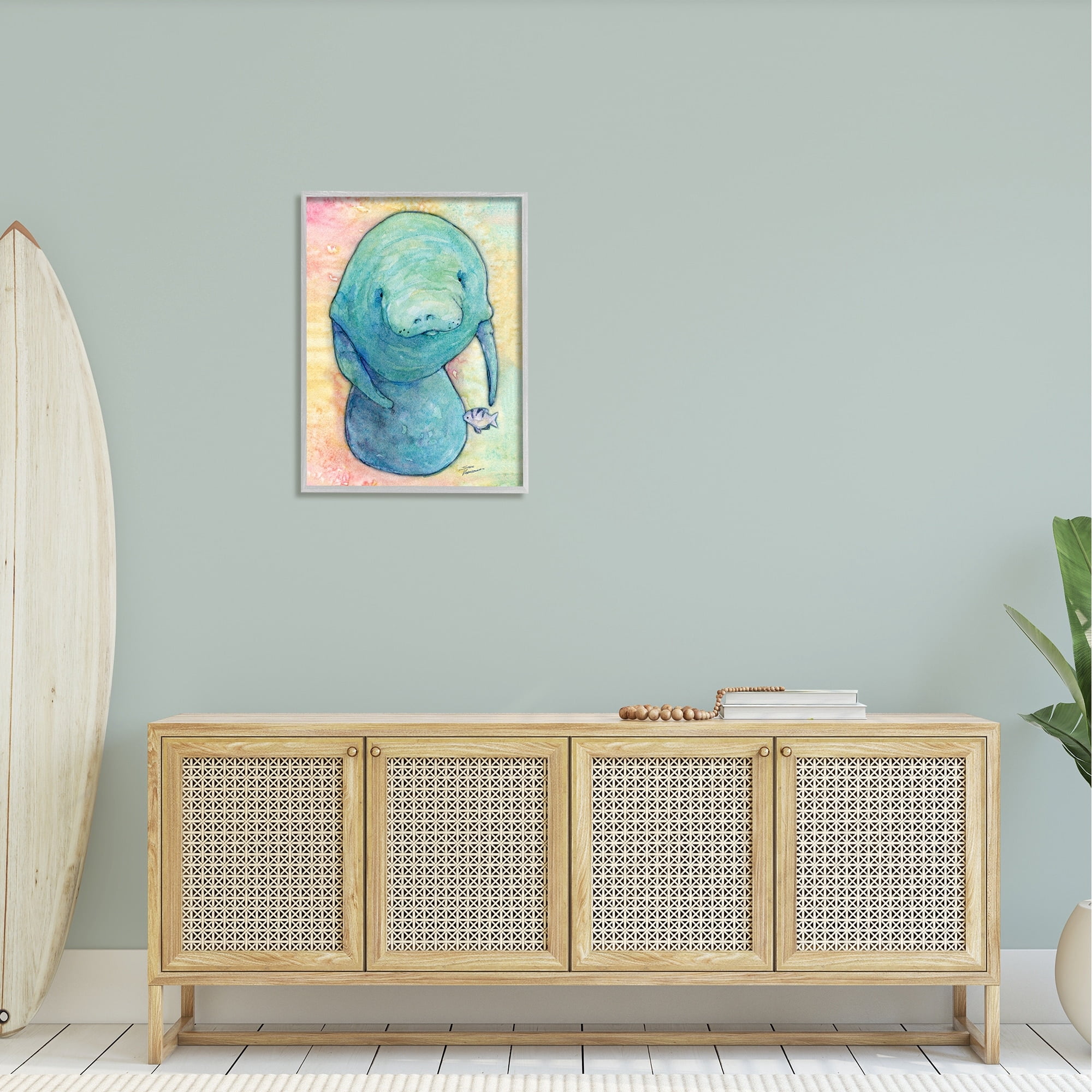 Stupell Industries Aquatic Manatee Among Fish Rainbow Watercolor Detail Painting Gray Framed Art Print Wall Art, Design by Steve Vanderbosh