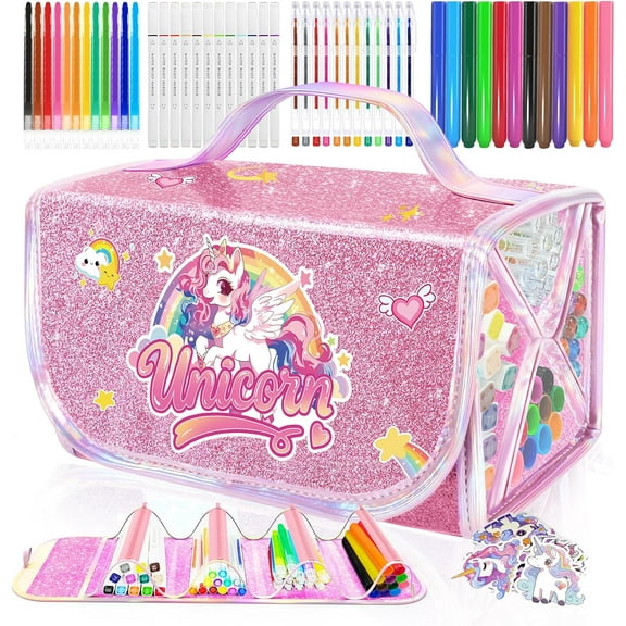 70PCS Unicorn Washable Markers Set with Glitter Case,Supplies for Kids Ages 4-6-8,Drawing Coloring Craft Kits for Girls with Marker,Glitter Pens,Crayon,Birthday Gifts Toys for Girls