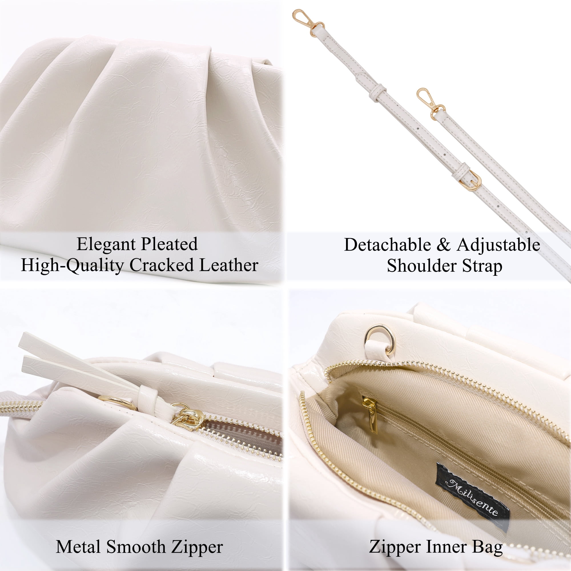Milisente Women's Pleated Cloud Clutch Bag Shiny PU Leather Evening Purse Detachable Shoulder Strap For Wedding Prom Party(Cream Beige)