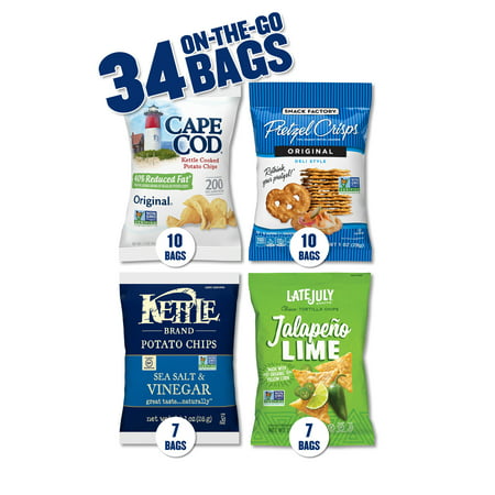 Snack Variety Pack with Kettle Brand and Cape Cod Potato Chips, Late July Tortilla Chips & Snack Factory Pretzel Crisps, 34