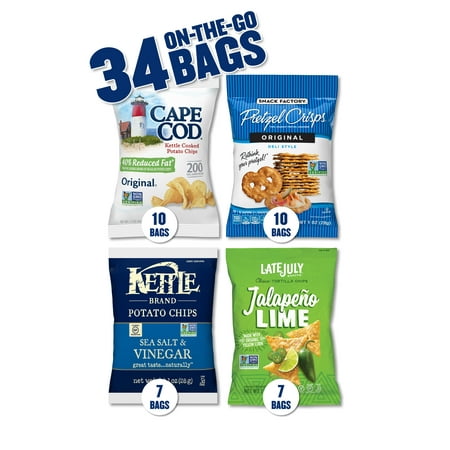 - Snack Variety Pack with Kettle Brand and Cape Cod Potato Chips, Late July Tortilla Chips & Snack Factory Pretzel Crisps, 34 Count