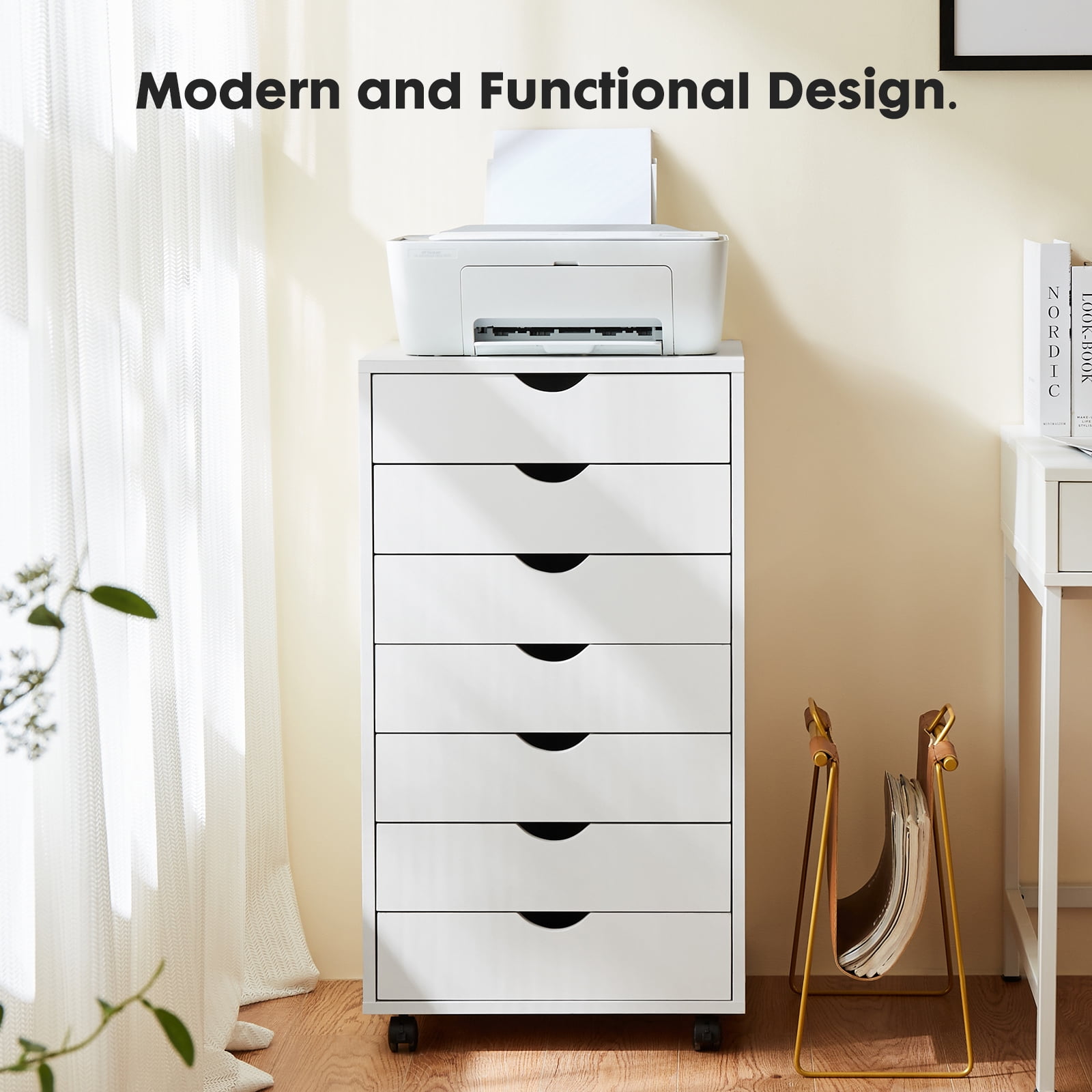 Blazezo 7 Drawer Rolling File Cabinet, Mobile Storage Cart with Locking Wheels, Under Desk Organizer, Wood Printer Stand for Home Office, Craft & Closet Storage, Space Saving Furniture (White)