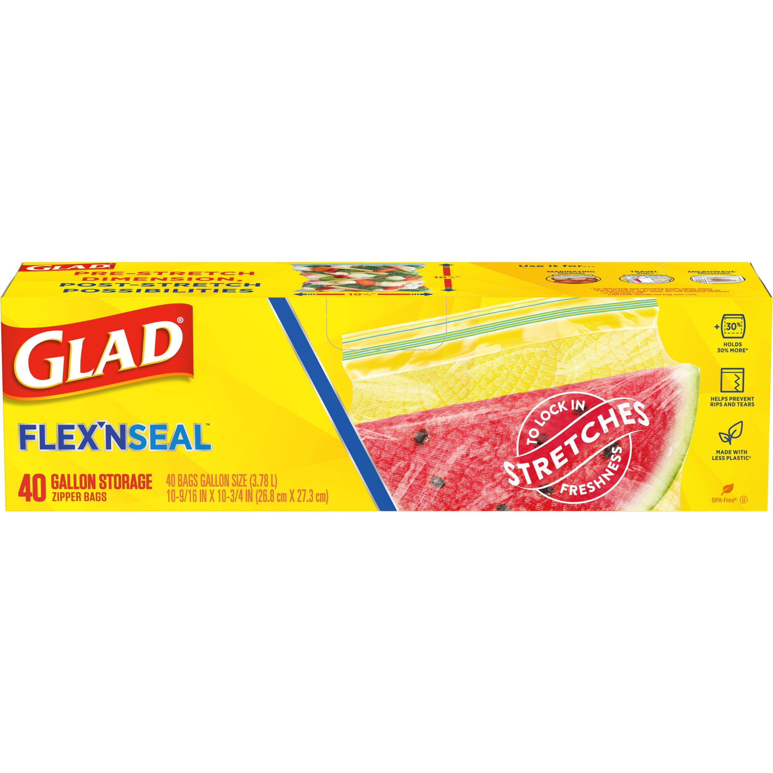 Glad FLEXN SEAL Food Storage Plastic Bags, Gallon, 40 Count